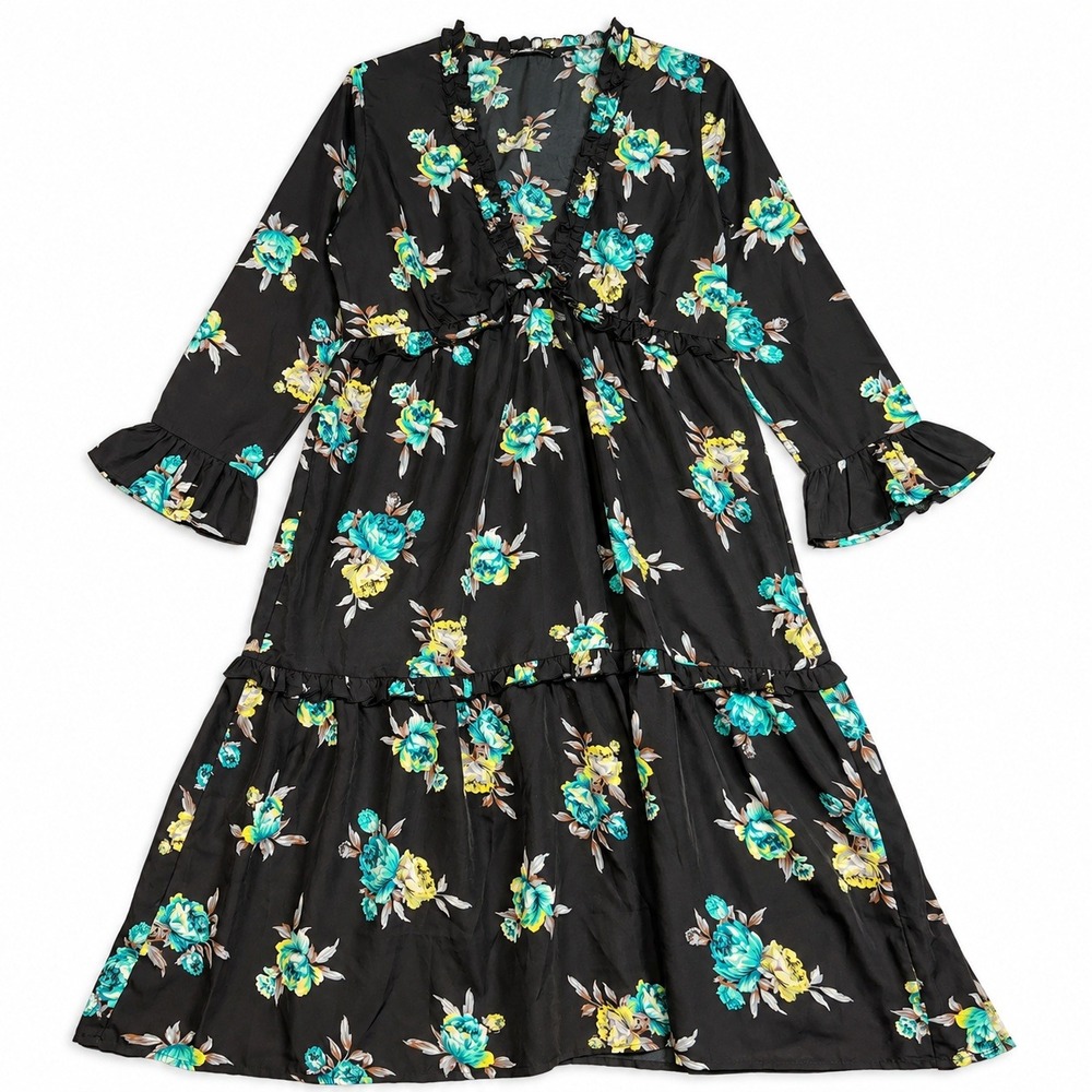 Aila Womens Medium Floral Tiered Maxi Dress Black Long Sleeve Ruffle Boho